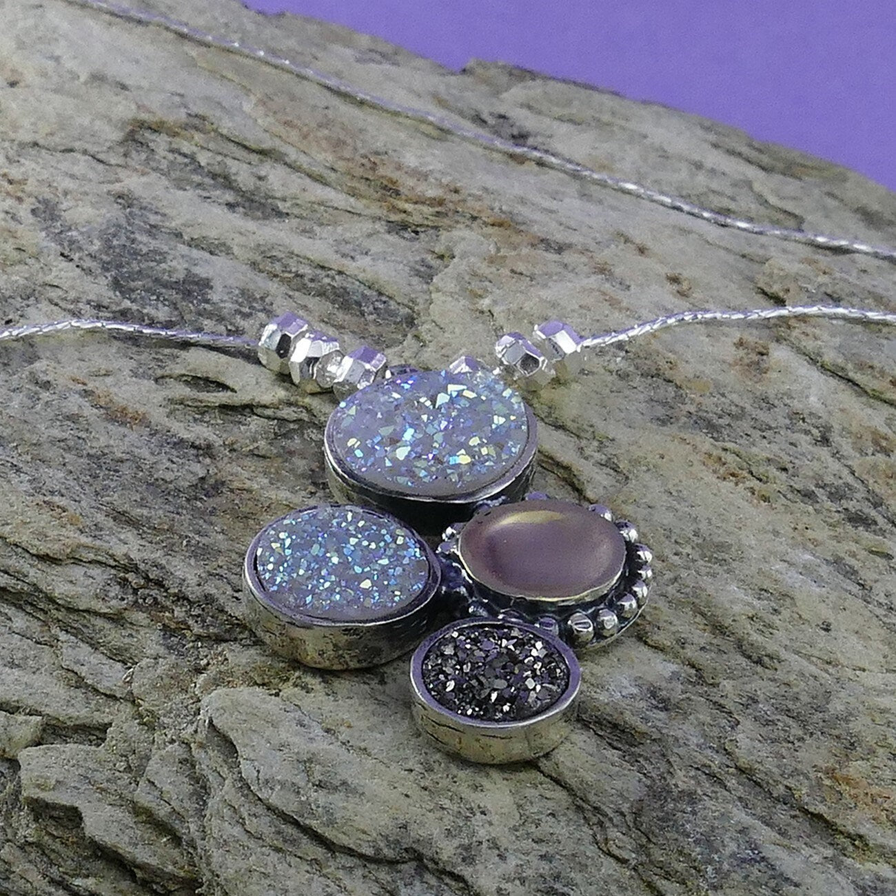 Two Tone Solid 9k Yellow Gold And 925 Sterling Silver White & Gray Agate Druzy Stones Pendant Chain Fast N Free Shipping!