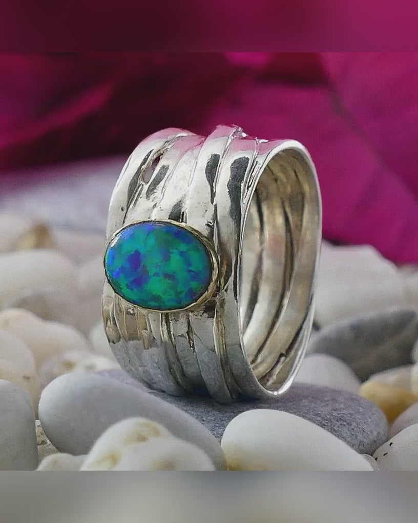 Unique Blue Opal Ring - Mixed Metal Wrap Ring in 9k Gold & Silver, Two Tone Solid 9k Yellow Gold & 925 Sterling Silver Wrap Ring