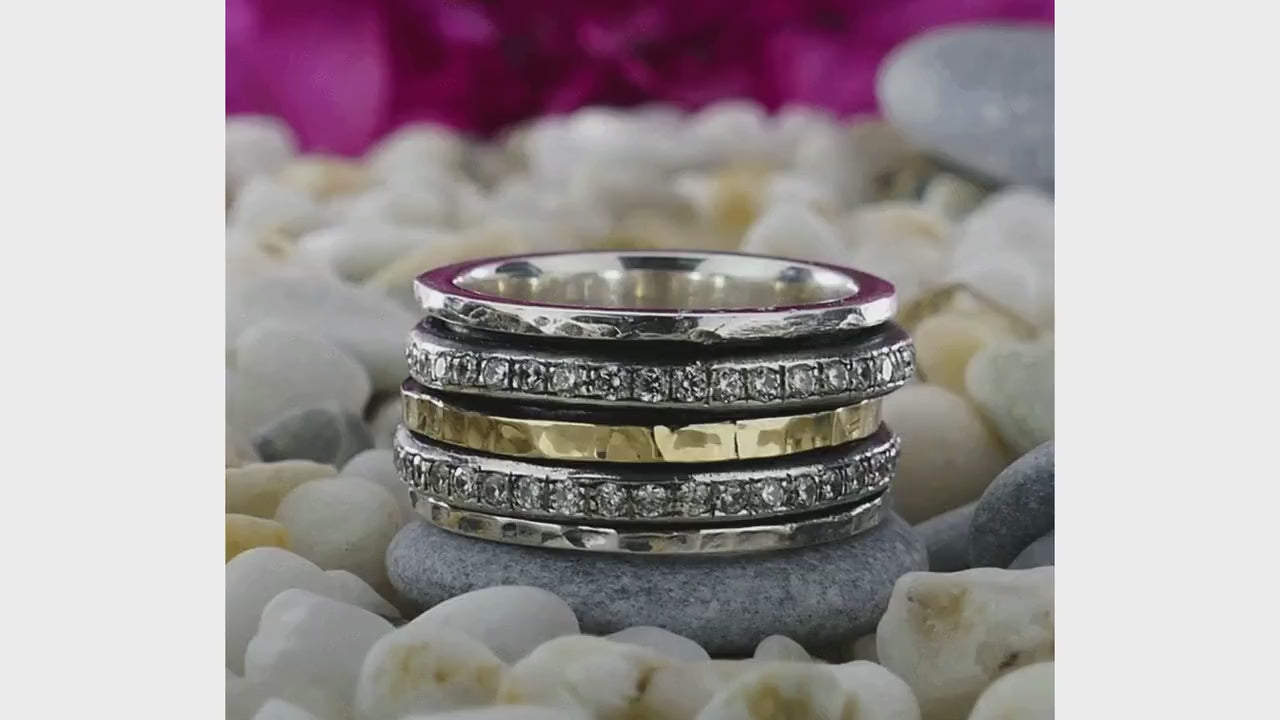 Mesmerizing Designs: Unique Two Tone Silver Spinner Ring with Gold & Cubic Zirconia