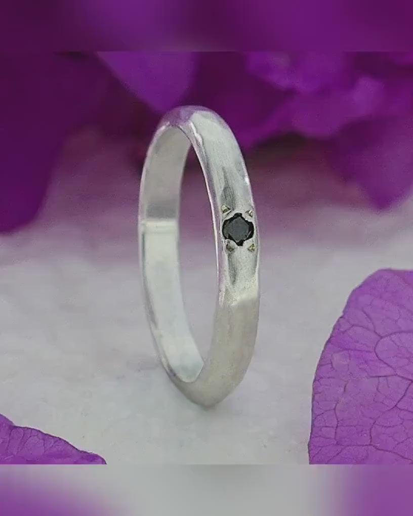 0.08 Carat Natural Round Black Diamond 925 Sterling Silver Stackable Ring Hammered Silver Ring ,Diamond Comfort Fit Minimalist Diamond Band