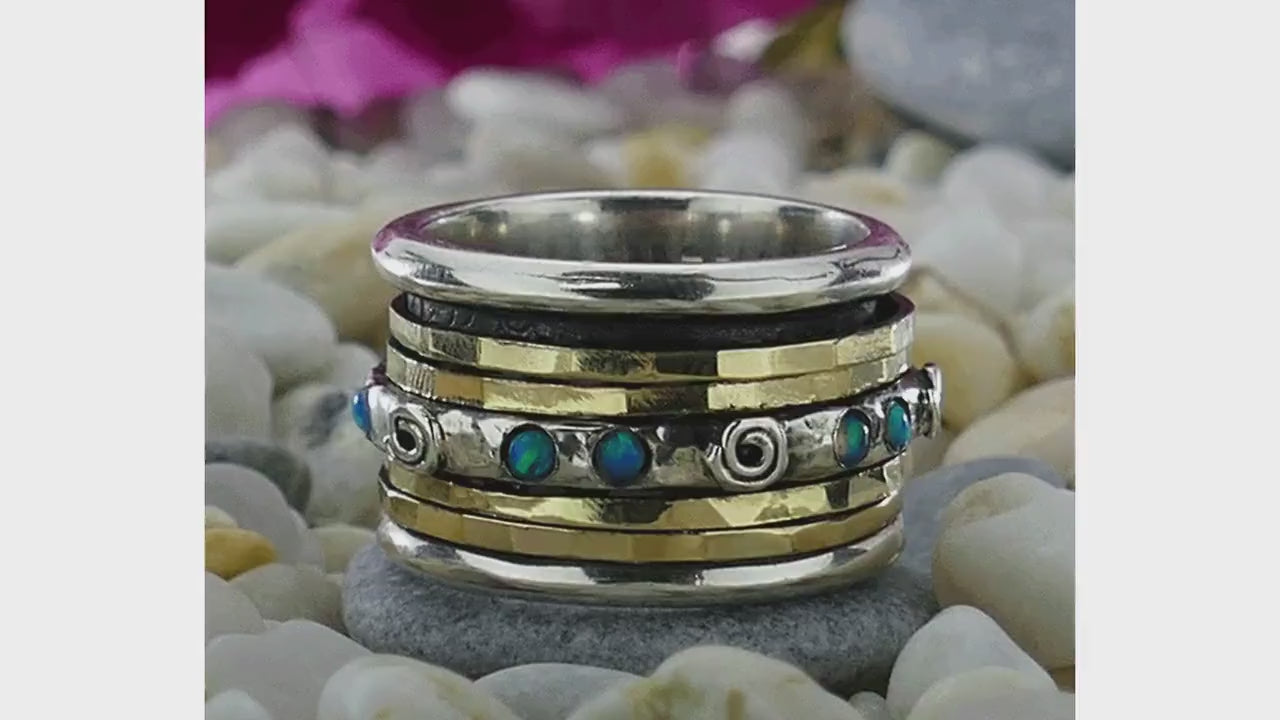 Handmade Blue Opal Stone Spinner Ring – 9k Gold & Silver Gemstone Ring