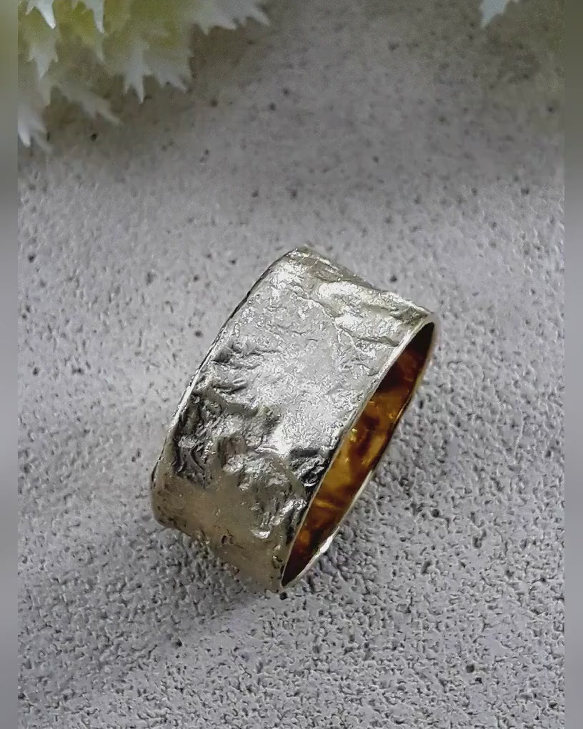 Handmade Wide Wedding Band 14 Karat Yellow Gold Special Brush Finish