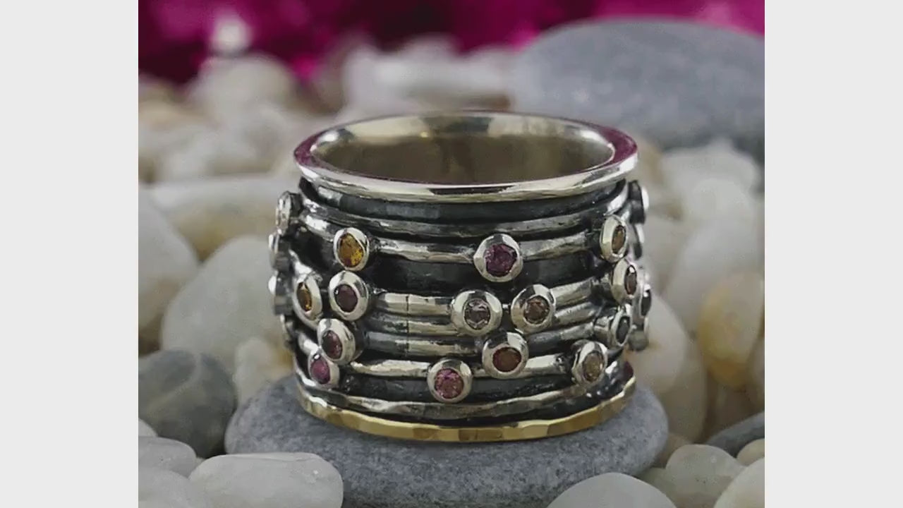 2.96 Carat Natural Multi-Color Tourmaline Gemstone Two Tone Solid 9k Yellow Gold&925 Sterling Silver Spinner Ring Set Setting, Gemstone rings for Women
