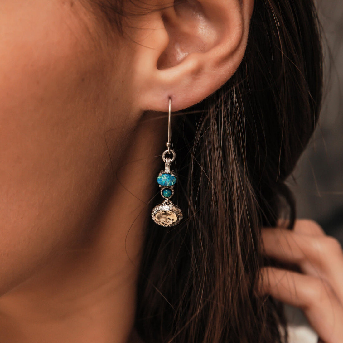 Blue Opal Stones Two Tone Solid 9k Yellow Gold And 925 Sterling Silver Drop/Dangle Earrings Fast&Free Shipping! Gemstone earring