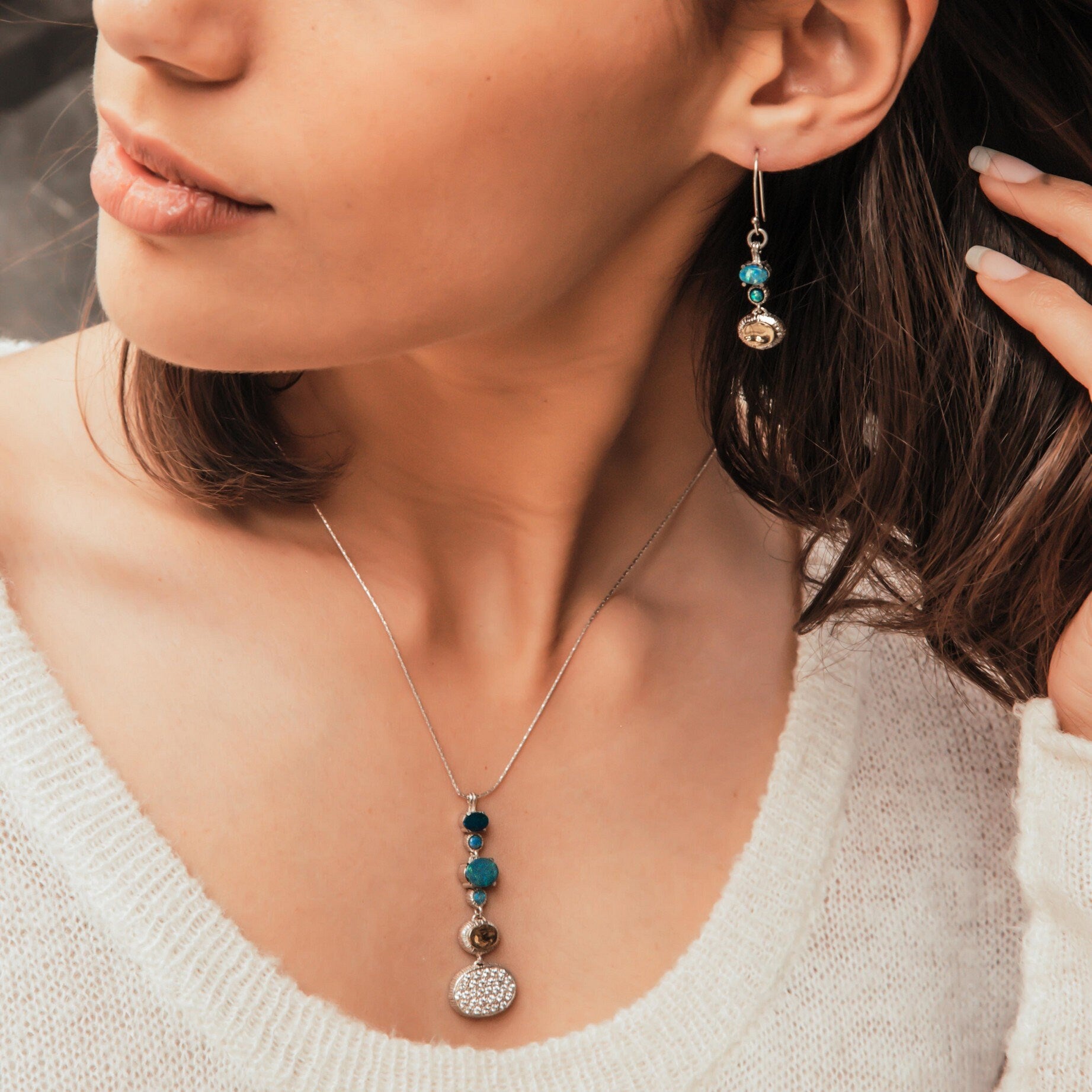 Blue Opal Stones Two Tone Solid 9k Yellow Gold And 925 Sterling Silver Drop/Dangle Earrings Fast&Free Shipping! Gemstone earring