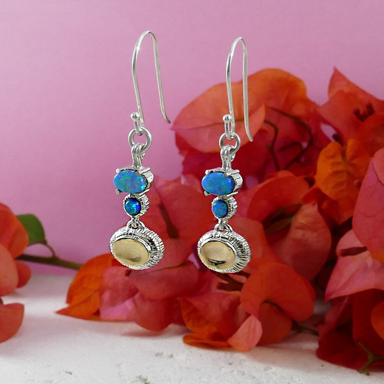 Blue Opal Stones Two Tone Solid 9k Yellow Gold And 925 Sterling Silver Drop/Dangle Earrings Fast&Free Shipping! Gemstone earring