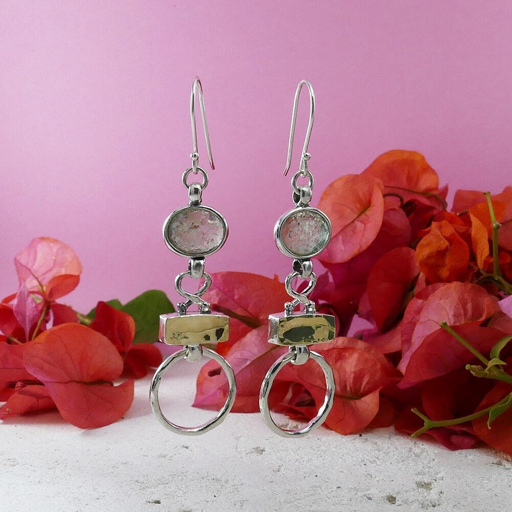 SPIRA Handcrafted Unique Long Dangle Earrings with Green Roman Glass, Gold & Silver