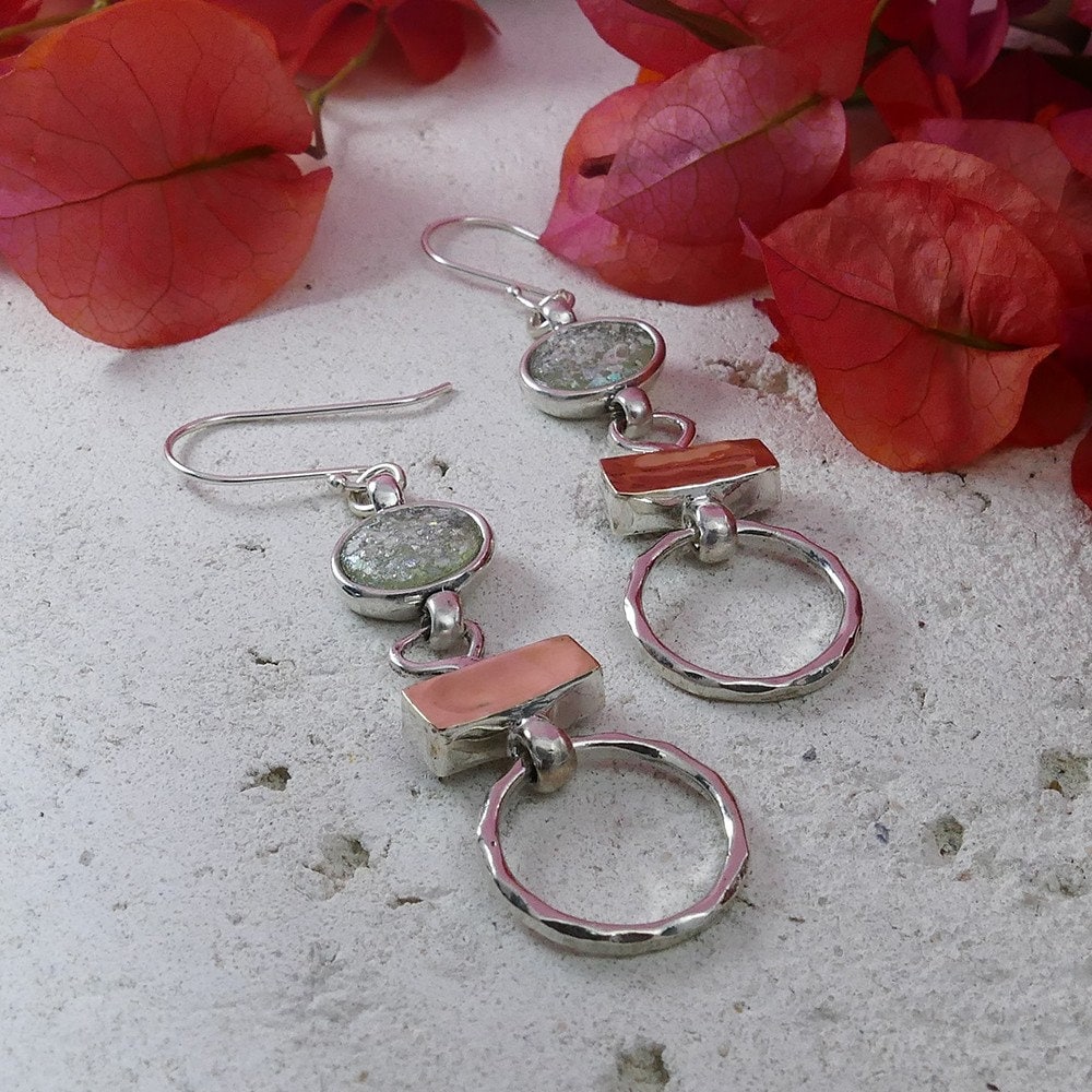 SPIRA Handcrafted Unique Long Dangle Earrings with Green Roman Glass, Gold & Silver