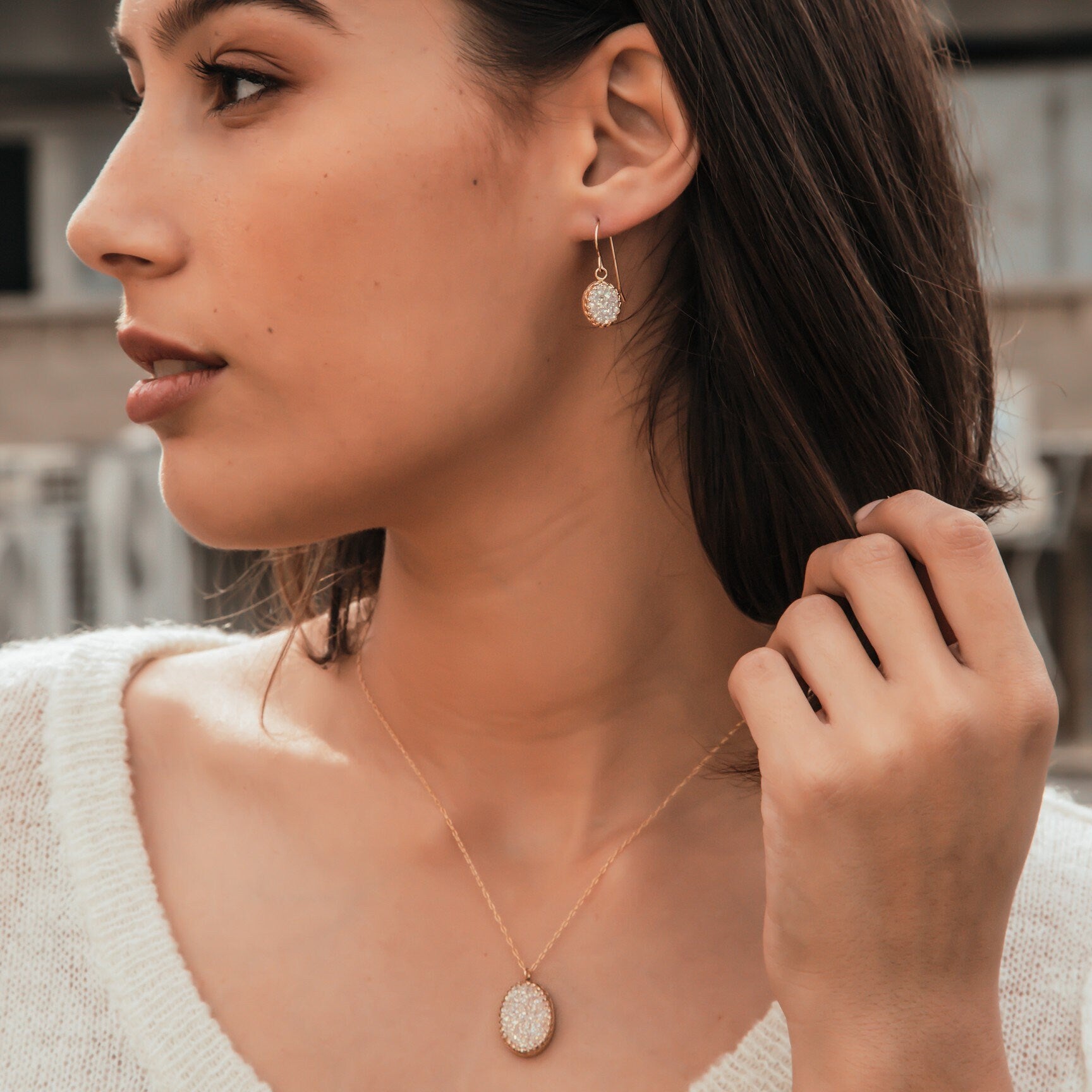 2.3 Carat White Agate Druzy Stone Natural crystal quartz 14k Yellow Gold Filled Fast&Free Shipping! Everyday earrings,Simple dangle earrings