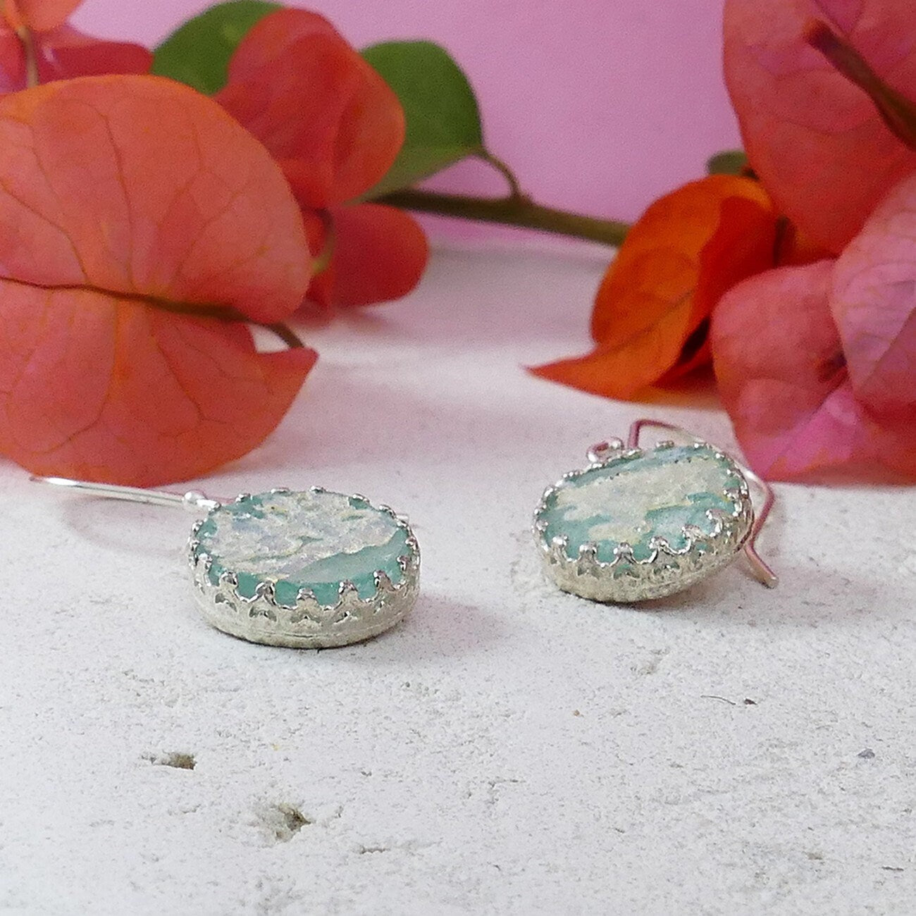 SPIRA Handcrafted Green Roman Glass Stone 925 Sterling Silver Drop/Dangle Earrings Fast&Free Shipping! Ancient Roman Glass Everyday earrings