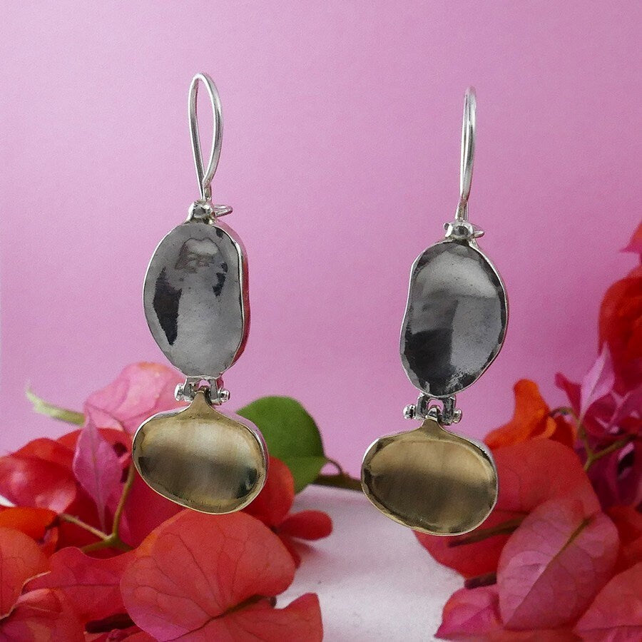 SPIRA Unique Handcrafted Contemporary Design Two Tone Solid 9k Yellow Gold And 925 Sterling Silver Drop/Dangle Earrings Fast&Free Shipping!