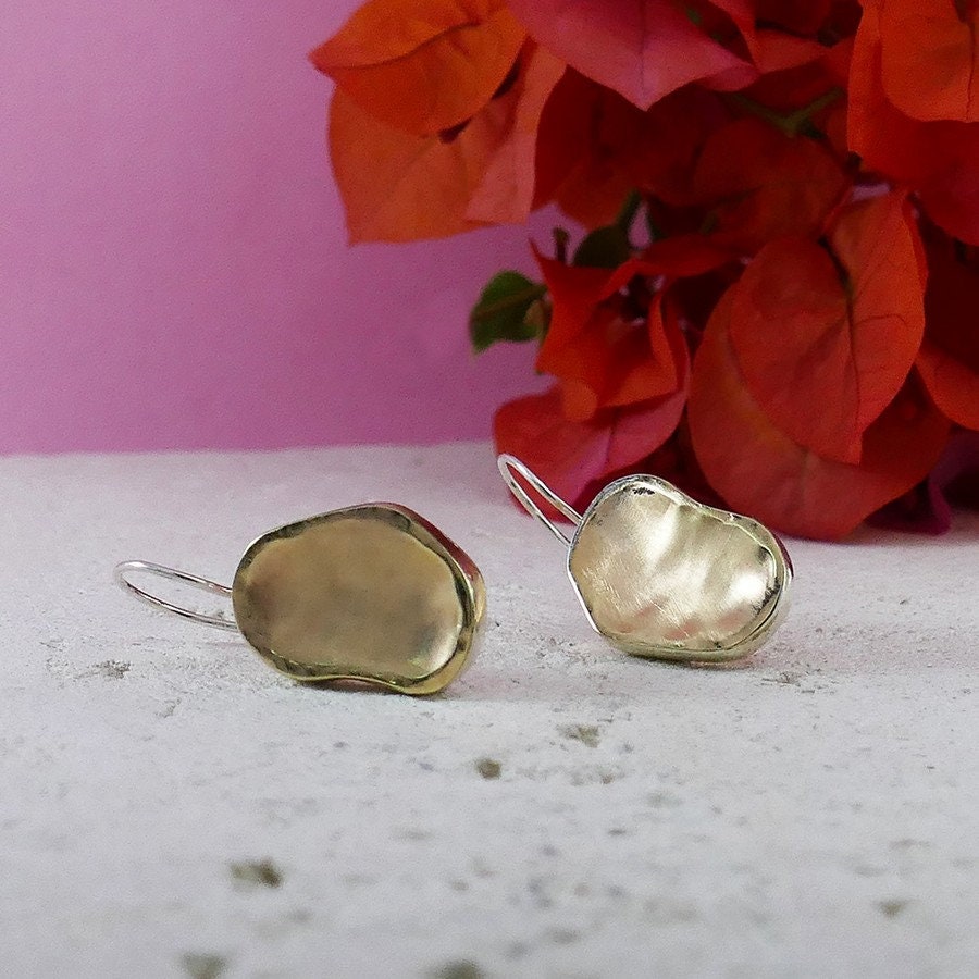 Unique Handcrafted Contemporary Design Two Tone Solid 9k Yellow Gold And 925 Sterling Silver Dangle Earrings Fast&Free Shipping!
