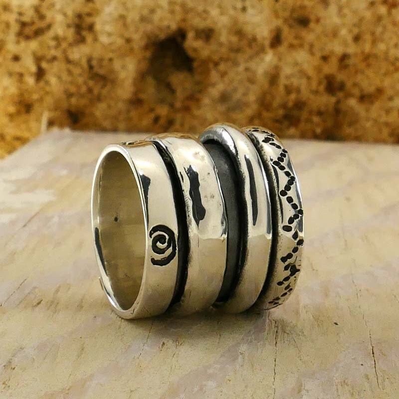 SPIRA Handcrafted Contemporary Design Two Tone Solid 9k Yellow Gold & 925 Sterling Silver Spinner Ring,Gypsy ring,Bohemian ring, Hippie ring
