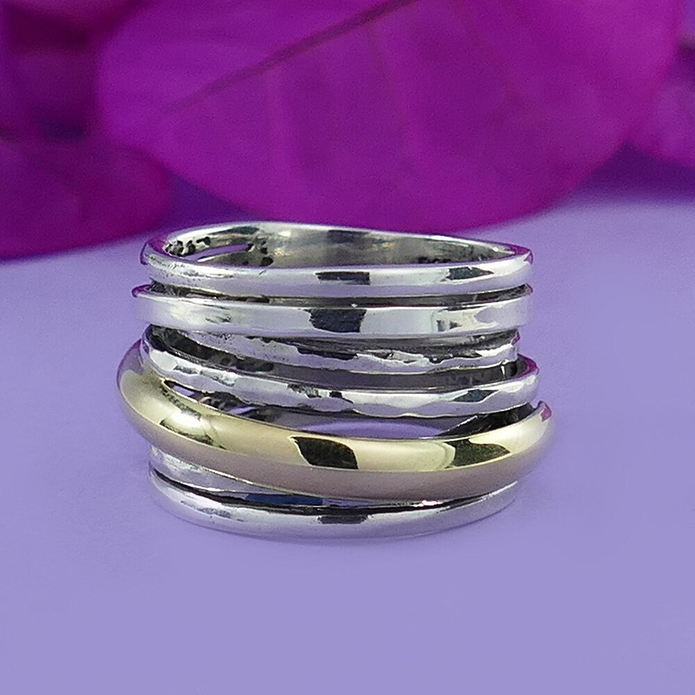 SPIRA Handcrafted Statement Ring, Two-Tone 925 Sterling Silver and 9k Yellow Gold Wrap Ring