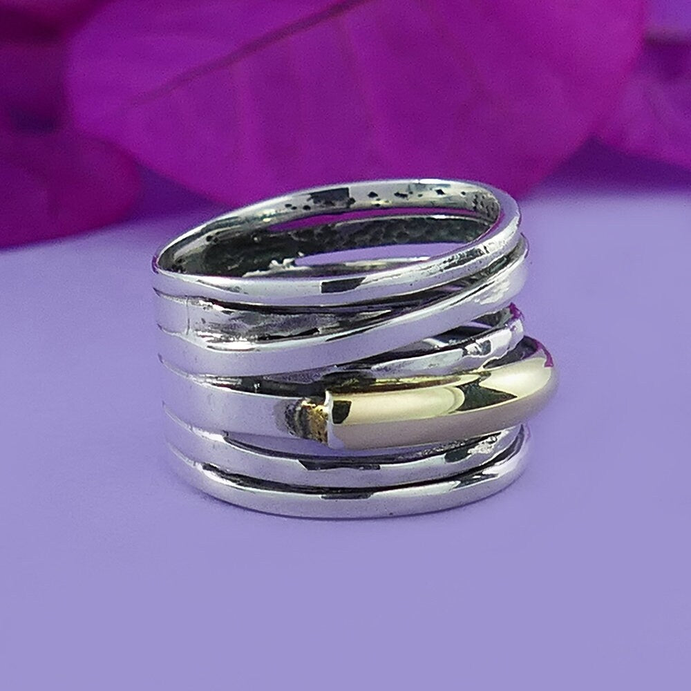 SPIRA Handcrafted Statement Ring, Two-Tone 925 Sterling Silver and 9k Yellow Gold Wrap Ring
