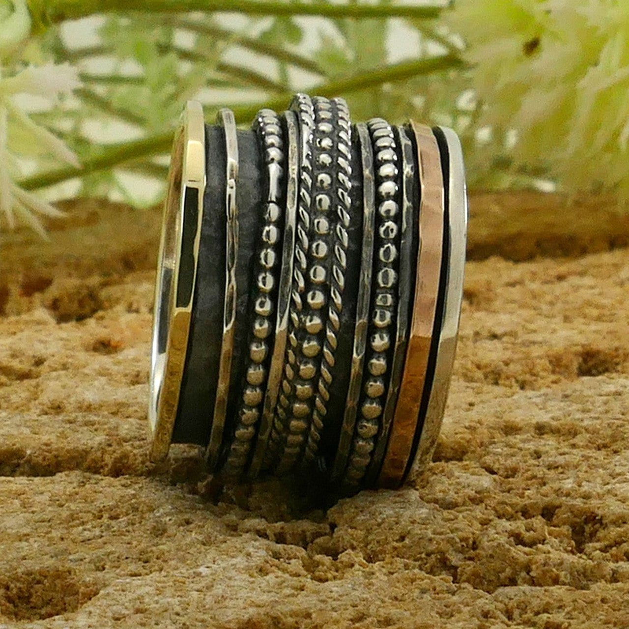 SPIRA Handcrafted Vintage Design Two Tone Solid 9k Yellow & Rose Gold and 925 Sterling Silver Spinner Ring, Gypsy ring, Oxidized Fidget ring