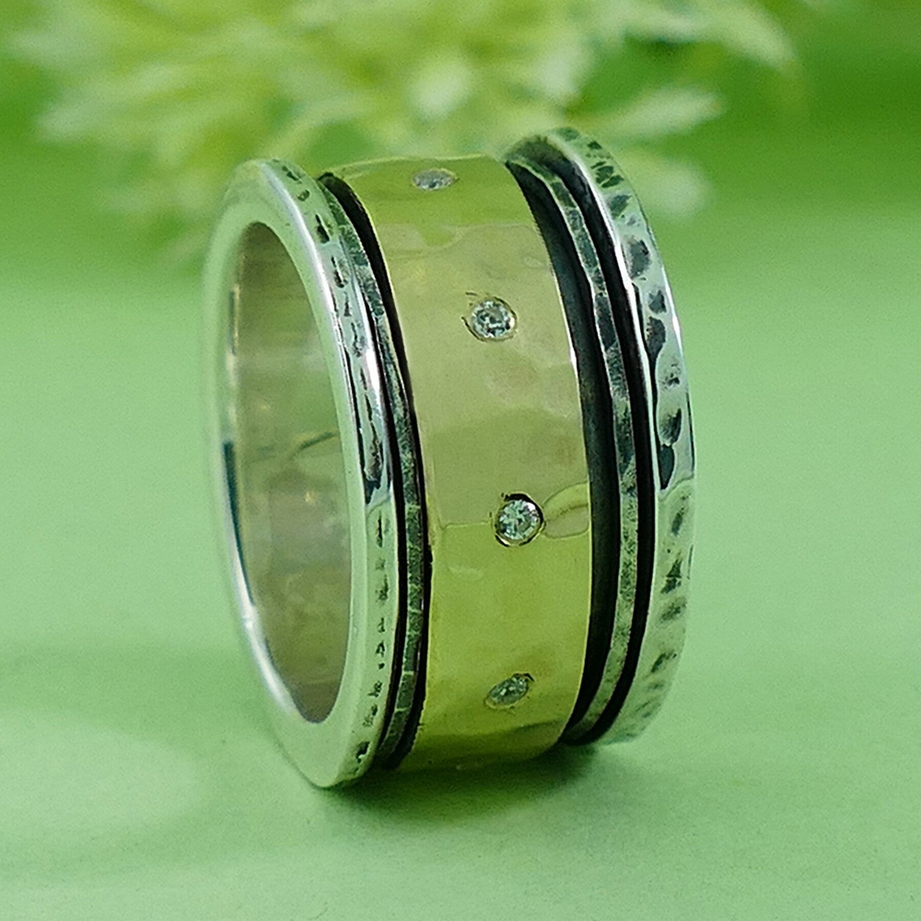 Mixed Metal Ring Cubic Zirconia Stone Two Tone Solid 9k Yellow Gold & 925 Sterling Silver Spinner Ring Set Setting, Gypsy ring,Bohemian ring