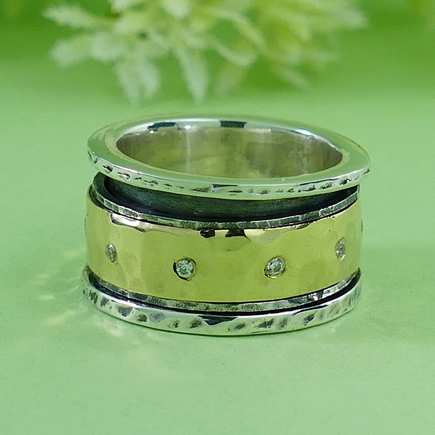 Mixed Metal Ring Cubic Zirconia Stone Two Tone Solid 9k Yellow Gold & 925 Sterling Silver Spinner Ring Set Setting, Gypsy ring,Bohemian ring