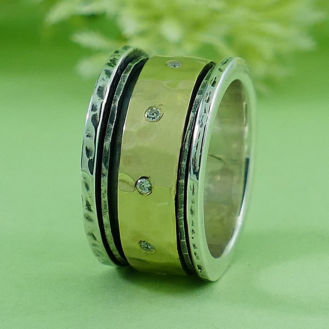 Mixed Metal Ring Cubic Zirconia Stone Two Tone Solid 9k Yellow Gold & 925 Sterling Silver Spinner Ring Set Setting, Gypsy ring,Bohemian ring