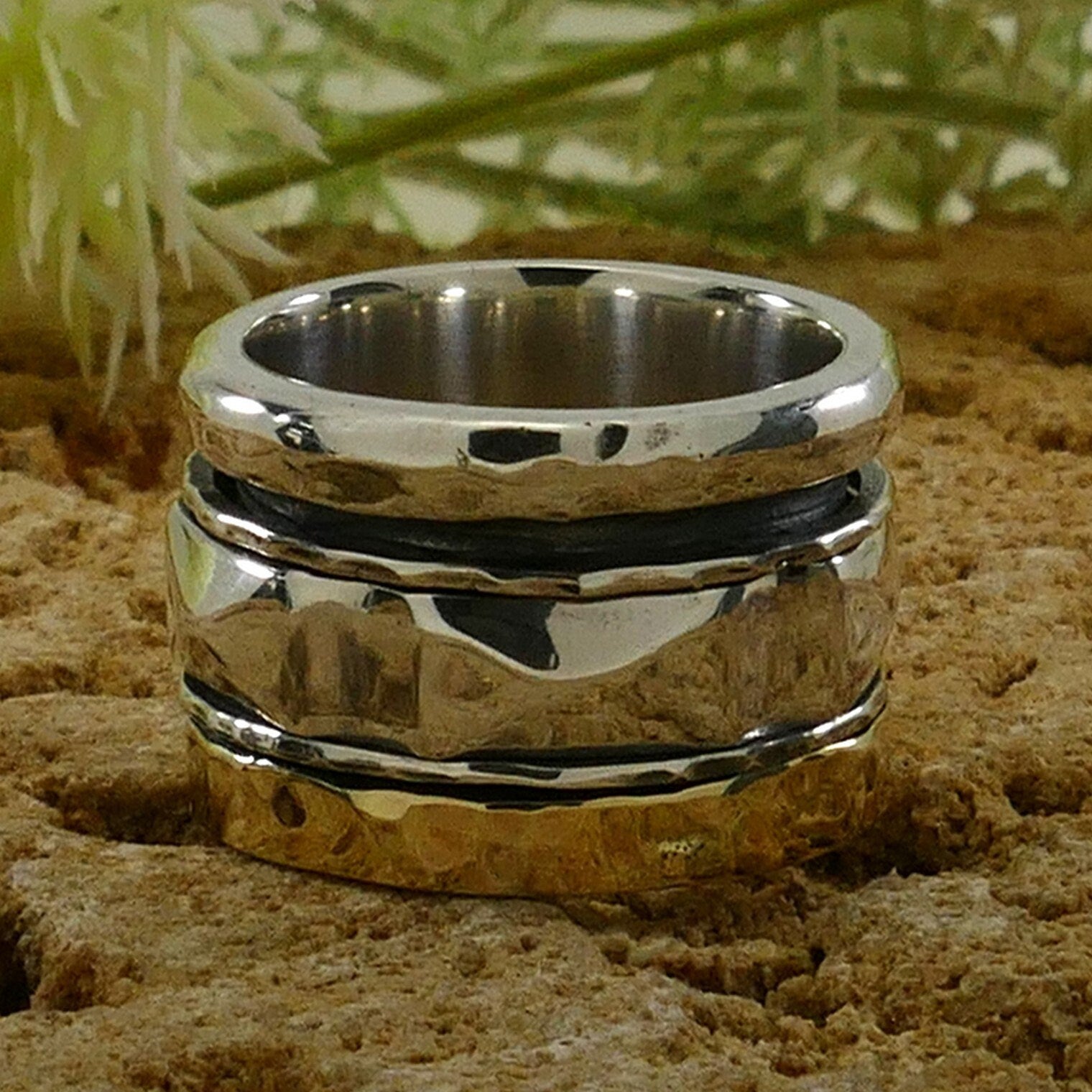SPIRA Handcrafted Contemporary Design Two Tone Solid 9k Yellow Gold & 925 Sterling Silver Spinner Ring,Gypsy ring,Bohemian ring,Hippie ring