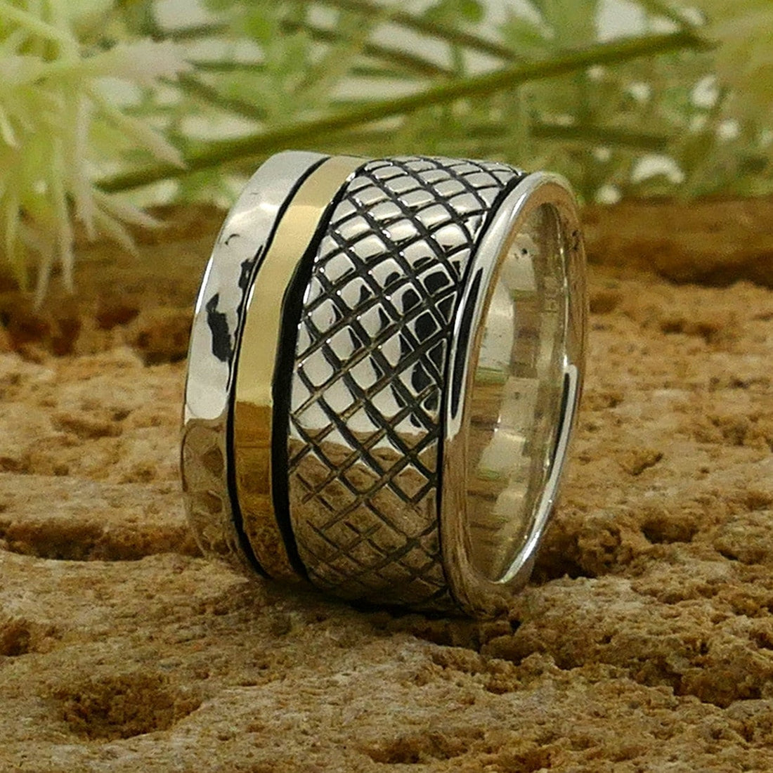 SPIRA Handcrafted Contemporary Design Two Tone Solid 9k Yellow Gold&925 Sterling Silver Spinner Ring,Oxidized Silver Fidget ring,worry ring