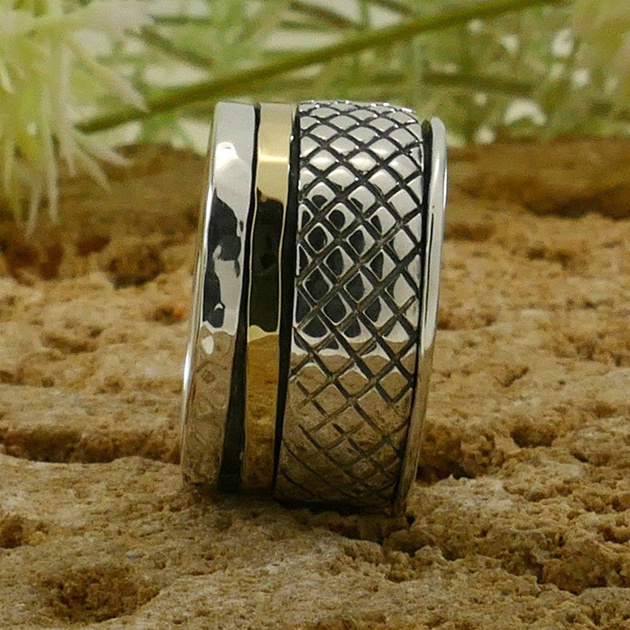 SPIRA Handcrafted Contemporary Design Two Tone Solid 9k Yellow Gold&925 Sterling Silver Spinner Ring,Oxidized Silver Fidget ring,worry ring