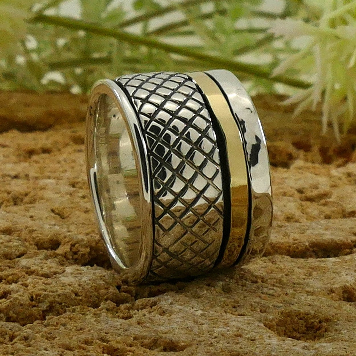 SPIRA Handcrafted Contemporary Design Two Tone Solid 9k Yellow Gold&925 Sterling Silver Spinner Ring,Oxidized Silver Fidget ring,worry ring