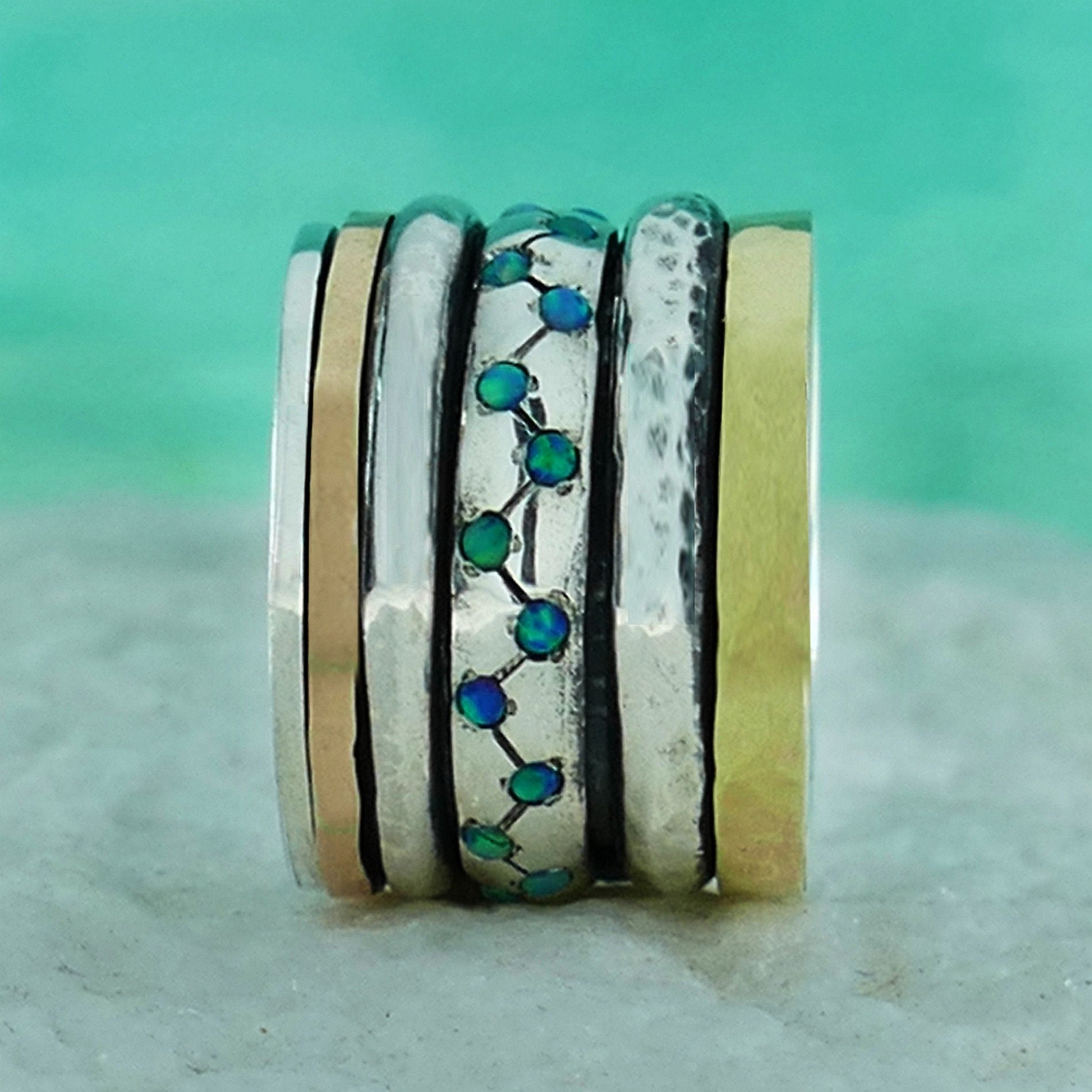 0.6 Carat Blue Opal Stone Two Tone Solid 9k Yellow&Rose Gold 925 Sterling Silver Spinner Ring Setting,Gypsy ring, Bohemian ring, Hippie ring