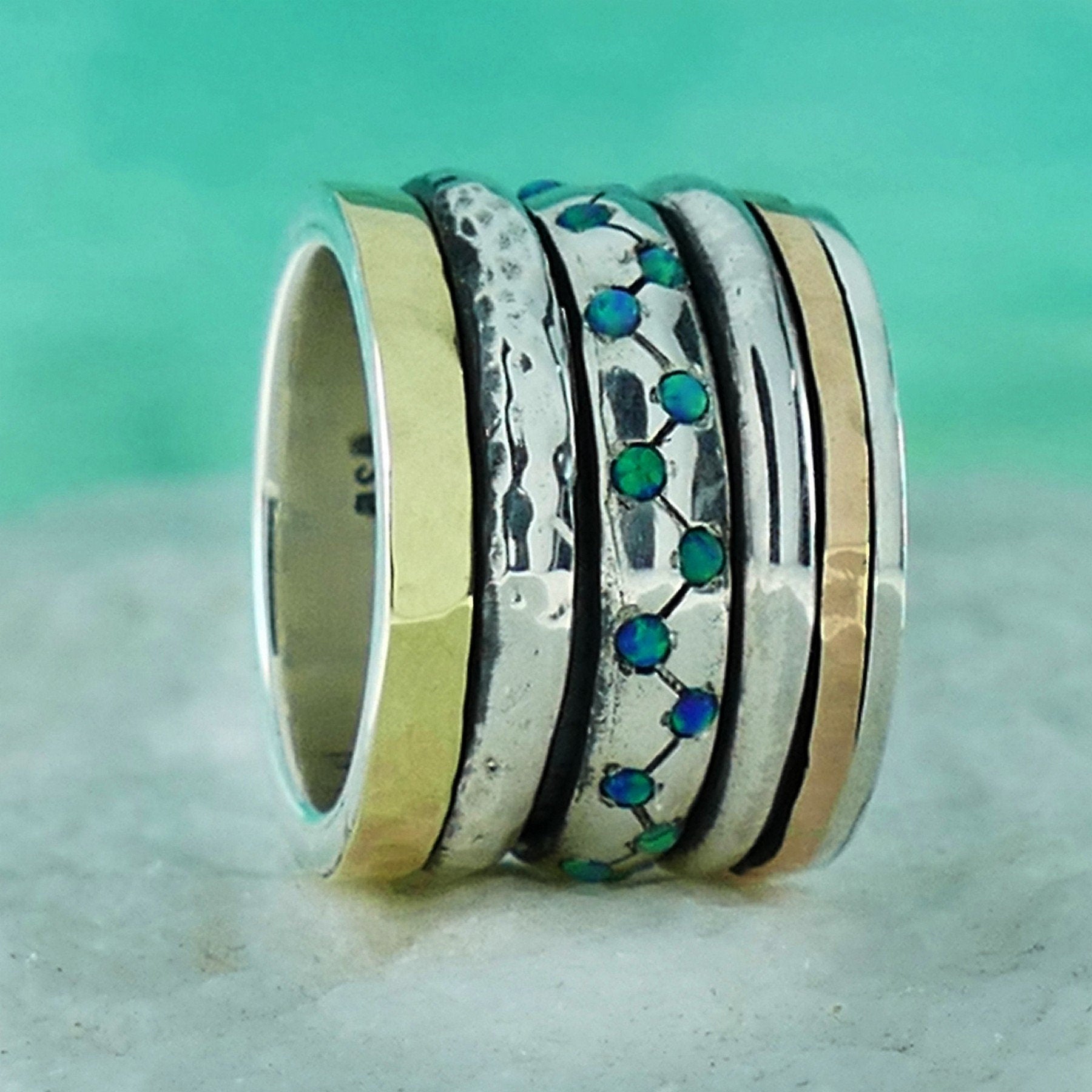 0.6 Carat Blue Opal Stone Two Tone Solid 9k Yellow&Rose Gold 925 Sterling Silver Spinner Ring Setting,Gypsy ring, Bohemian ring, Hippie ring