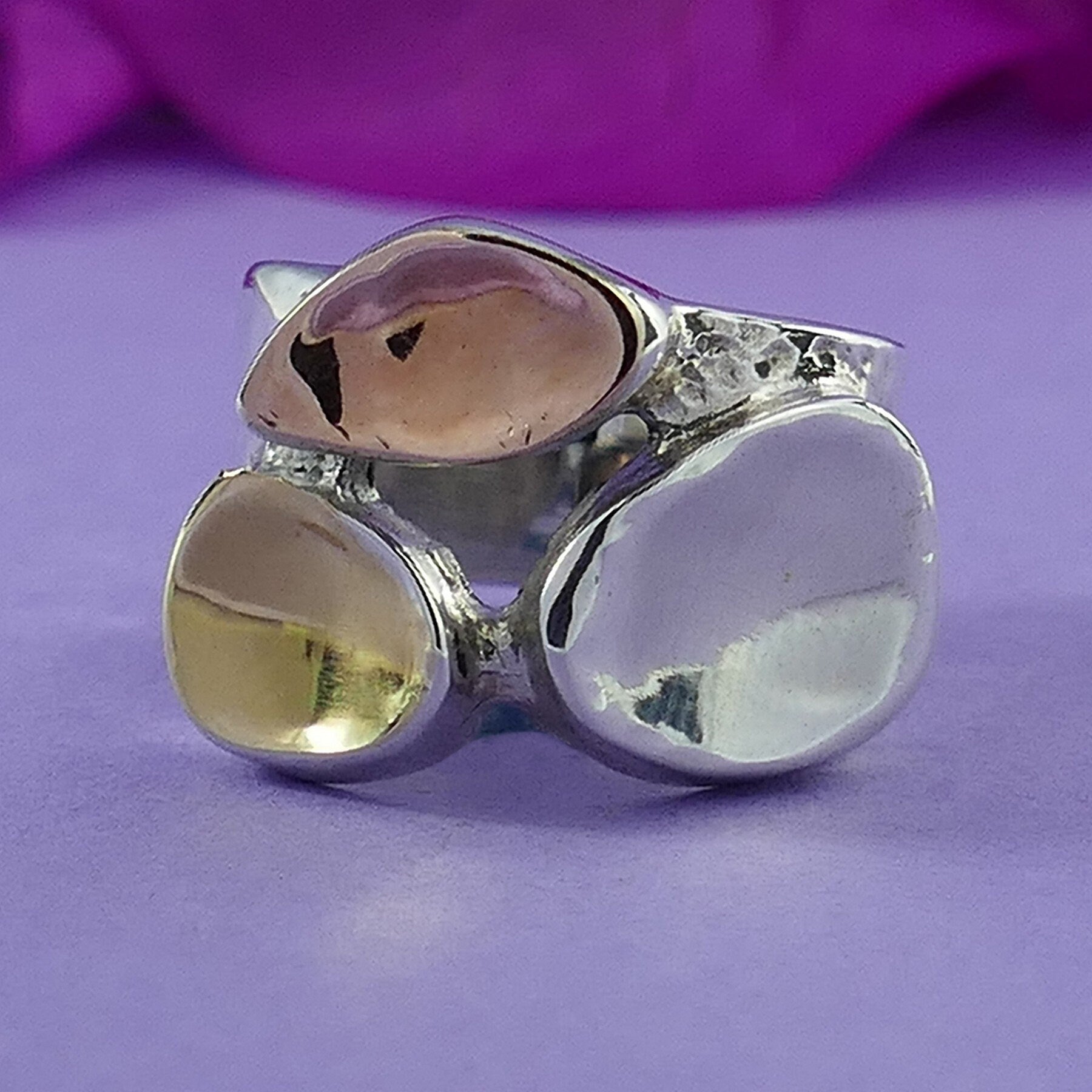Handmade Two Tone Solid Statement Ring 9 karat Yellow & Rose Gold And 925 Sterling Silver