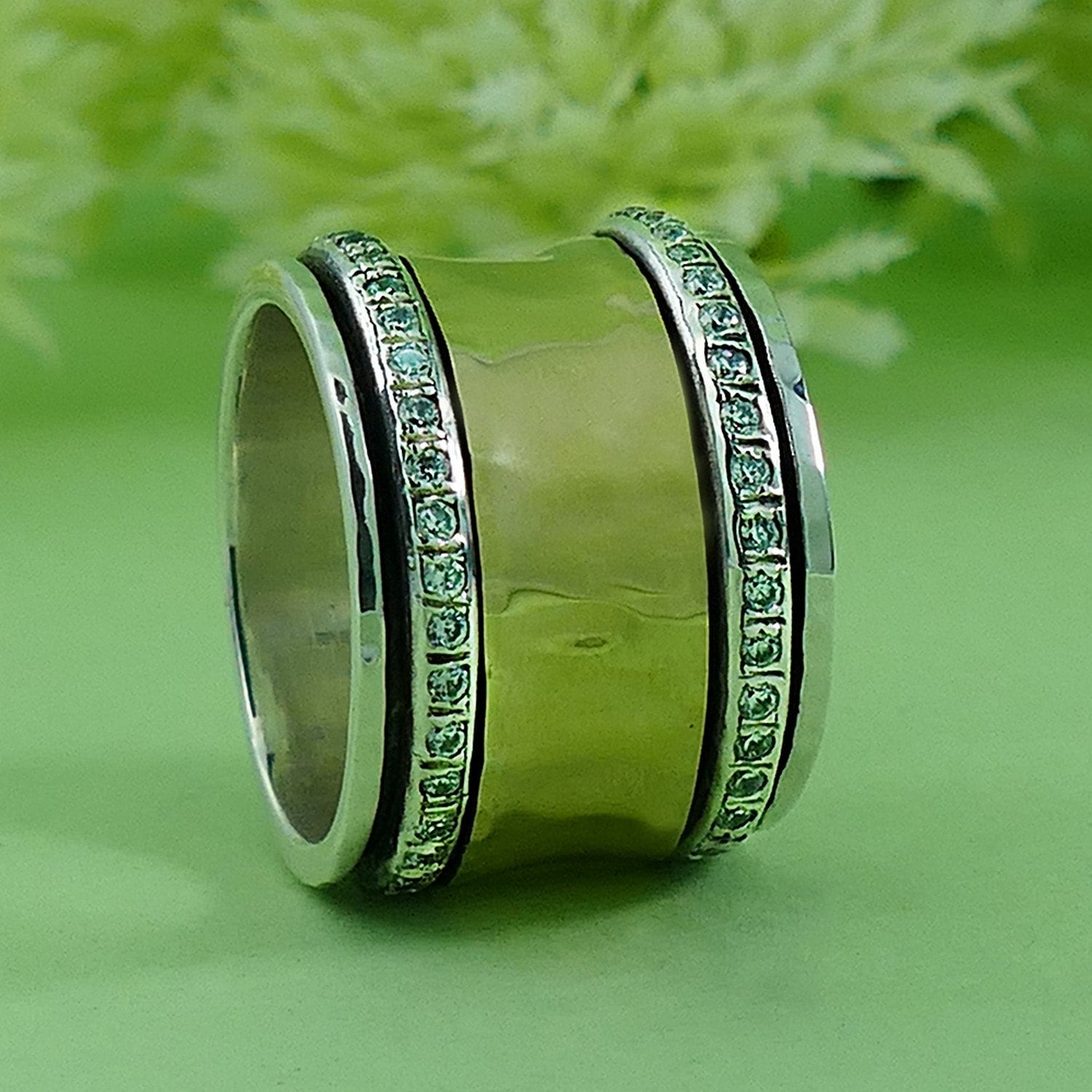 Unique Mixed Metal Spinner Ring White Cubic Zirconia Stone Two Tone Solid 9k Yellow Gold & 925 Sterling Silver Set,Gypsy ring, Bohemian ring