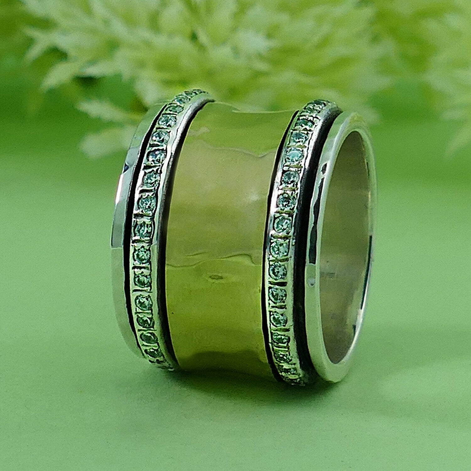 Unique Mixed Metal Spinner Ring White Cubic Zirconia Stone Two Tone Solid 9k Yellow Gold & 925 Sterling Silver Set,Gypsy ring, Bohemian ring