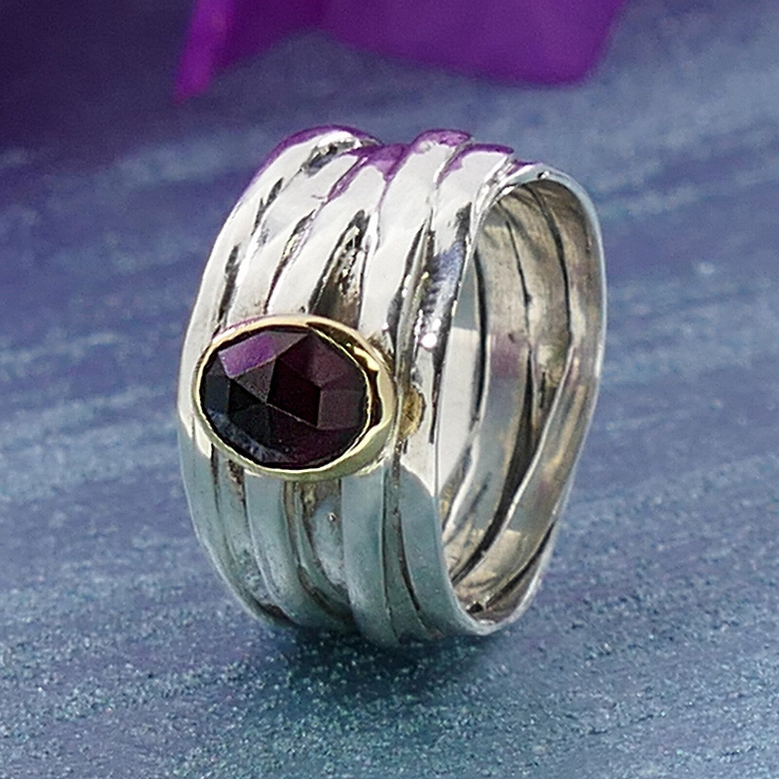 1.7 Carat Natural Red Garnet Gemstone Two Tone Solid 9k Yellow Gold & 925 Sterling Silver Wrap Ring Setting Gemstone ring Mixed metal ring