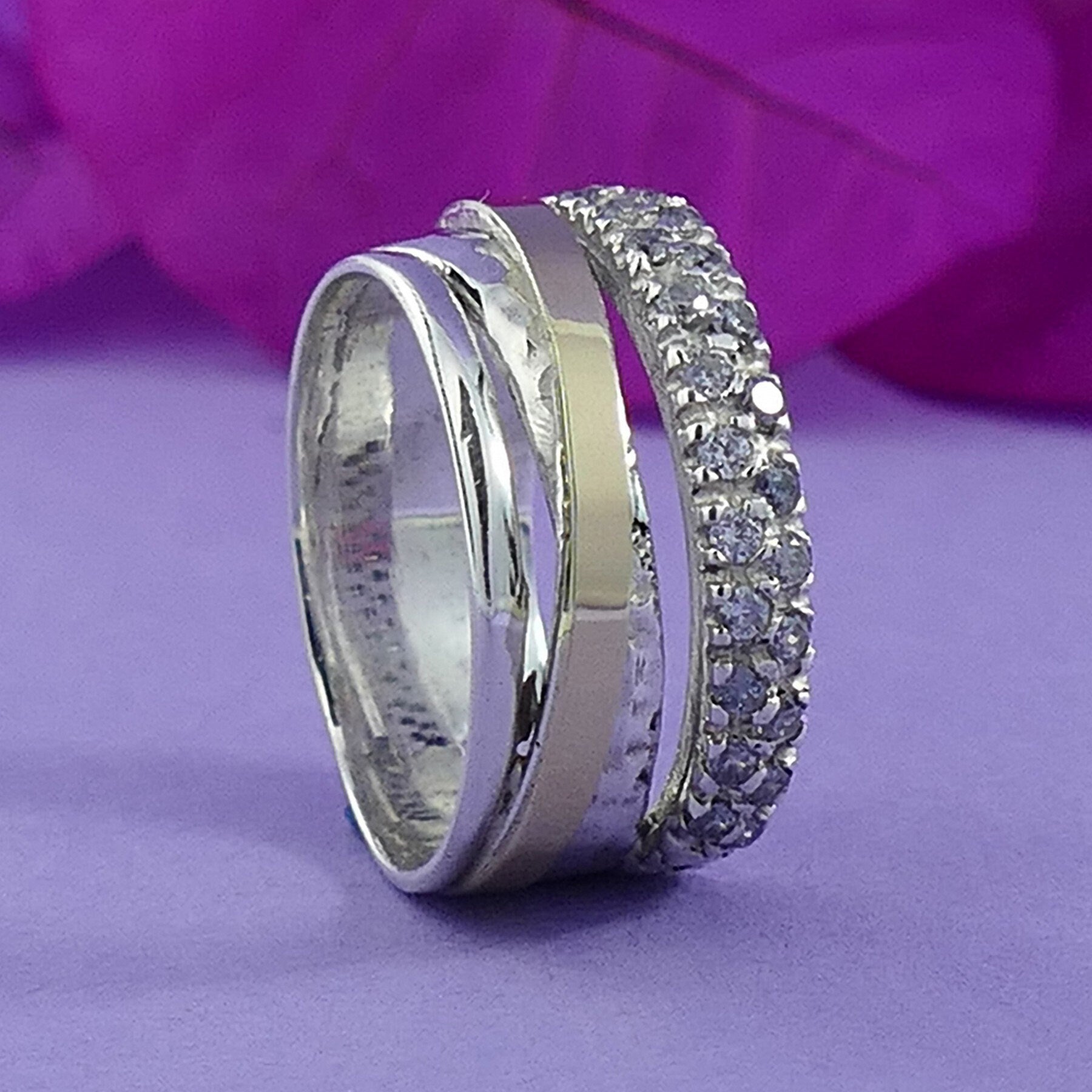 Sparkling Ring Two Tone Solid 9k Yellow Gold & 925 Sterling Silver Wrap Ring Cubic Zirconia Stone Set Setting Bohemian ring,Mixed metal ring