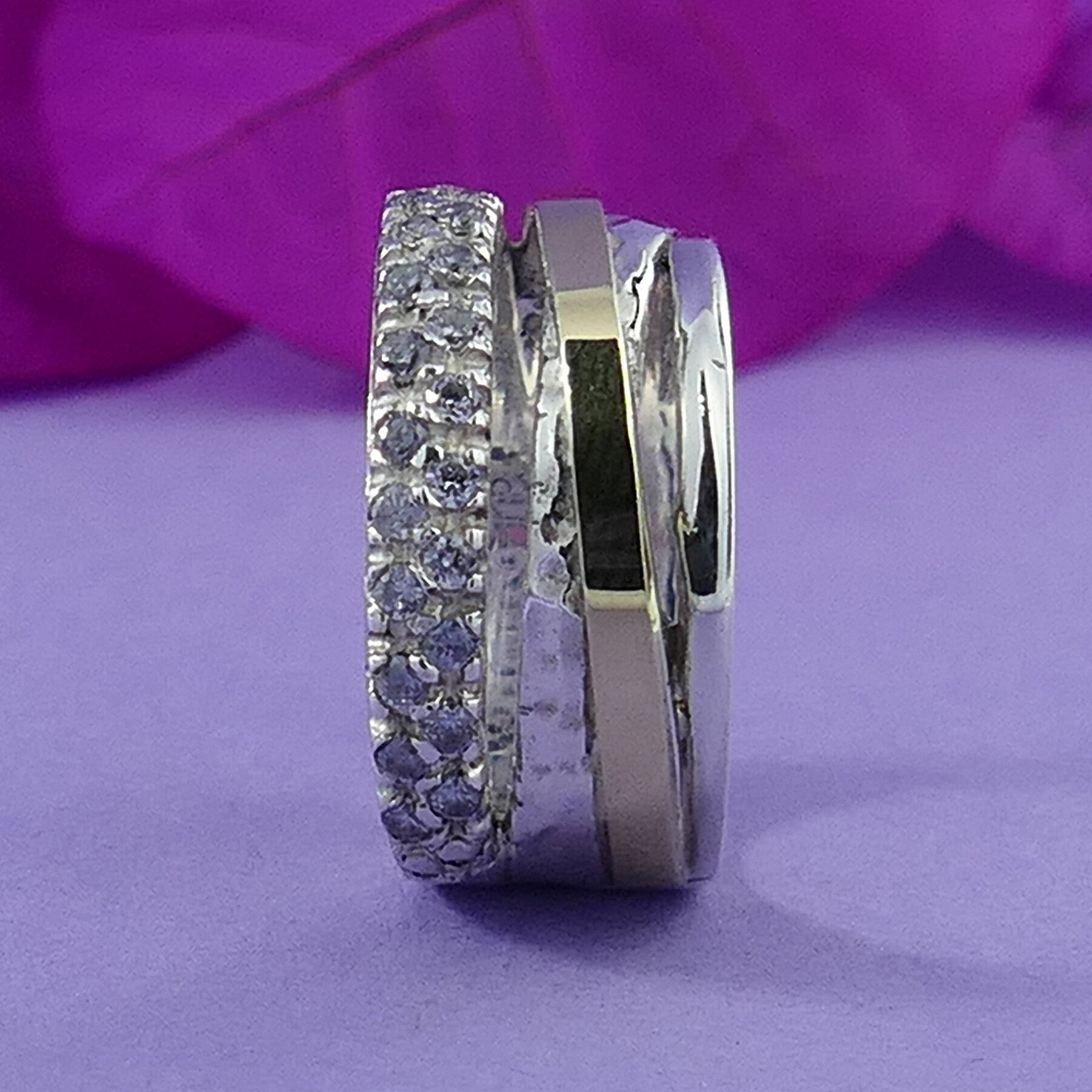 Sparkling Ring Two Tone Solid 9k Yellow Gold & 925 Sterling Silver Wrap Ring Cubic Zirconia Stone Set Setting Bohemian ring,Mixed metal ring