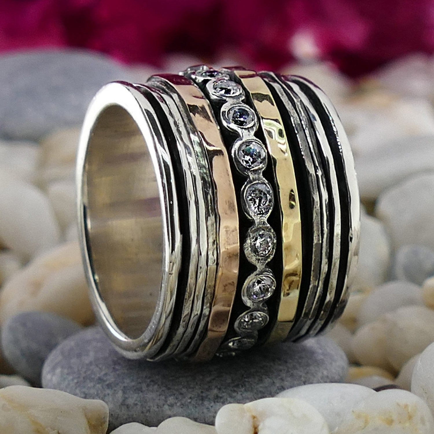 Mixed Metal Spinner Ring Cubic Zirconia Stone Two Tone Solid 9k Yellow and Rose Gold 925 Sterling Silver Set Setting, Oxidized Fidget ring