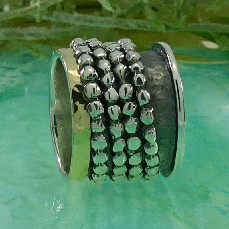 SPIRA Unique Handcrafted Contemporary Design Two Tone Solid 9k Yellow Gold And 925 Sterling Silver Spinner Ring, Oxidized Silver Fidget ring