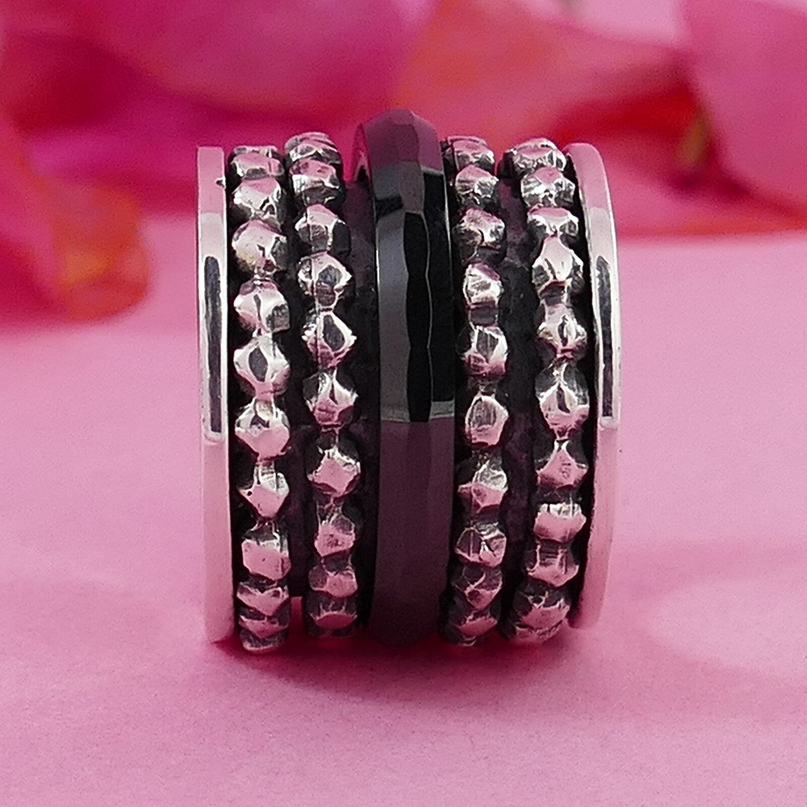 Wide Black Ceramic 925 Sterling Silver Spinner Ring