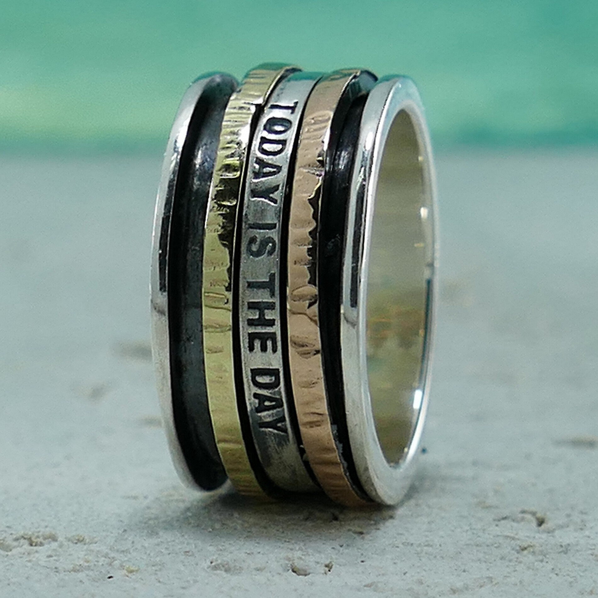Unique Mixed metal Silver Spinner Two Tone 925 Sterling Silver Solid 9 karat Yellow & Rose Gold