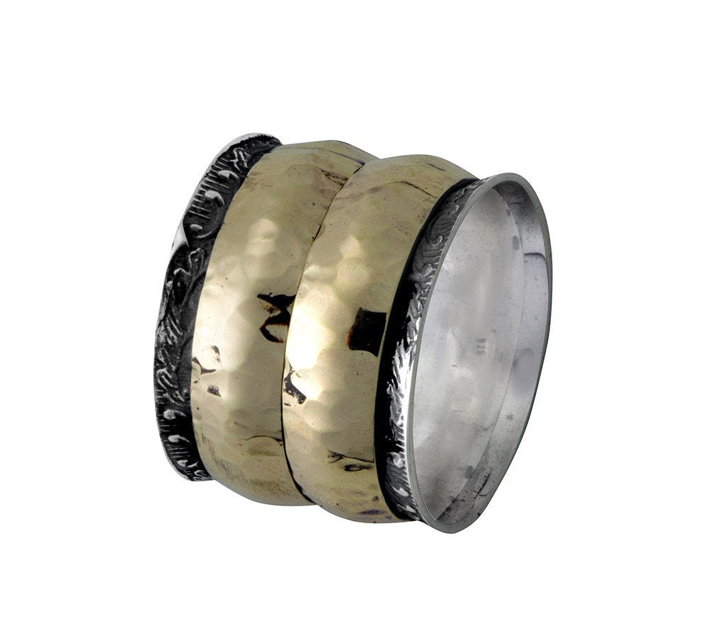 Handcrafted Vintage Design Two Tone Solid 9 karat Yellow Gold And 925 Sterling Silver Band