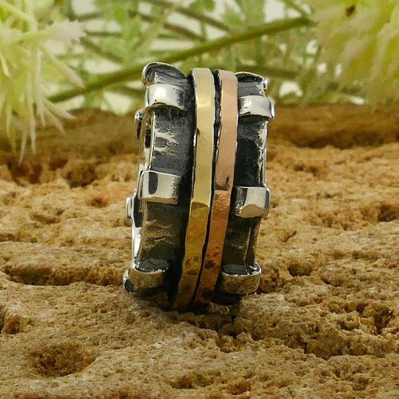 SPIRA Handcrafted Contemporary Design Two Tone Solid 9k Yellow & Rose Gold And 925 Sterling Silver Spinner Ring, Gypsy ring, Bohemian ring