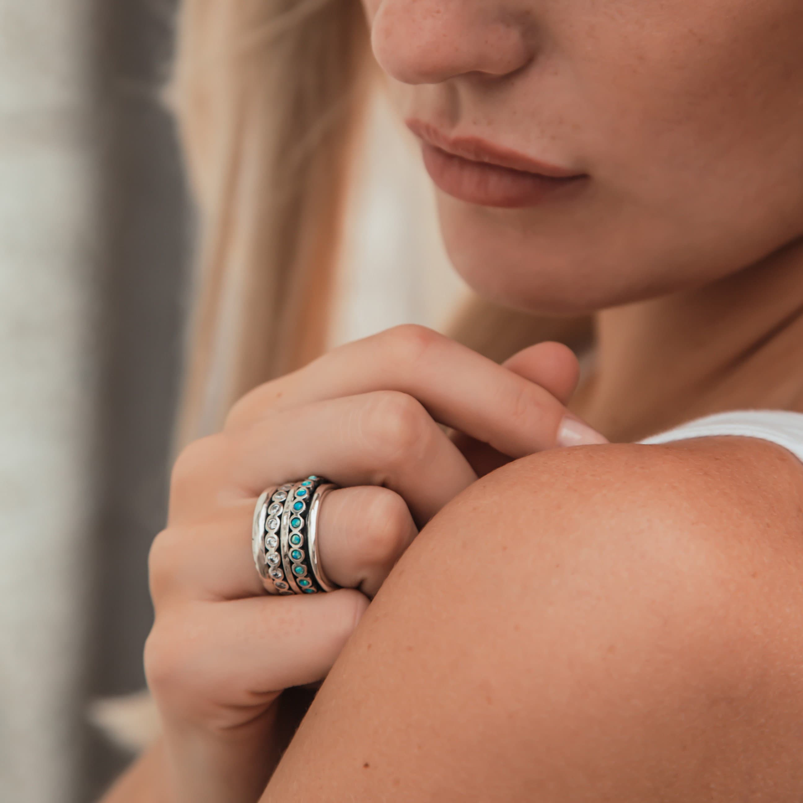 Spinner Ring For Woman 2.2 Carat Blue Opal And Cubic Zirconia Stones 925 Sterling Silver Spinner Ring Hammered Silver Ring, Statement Ring