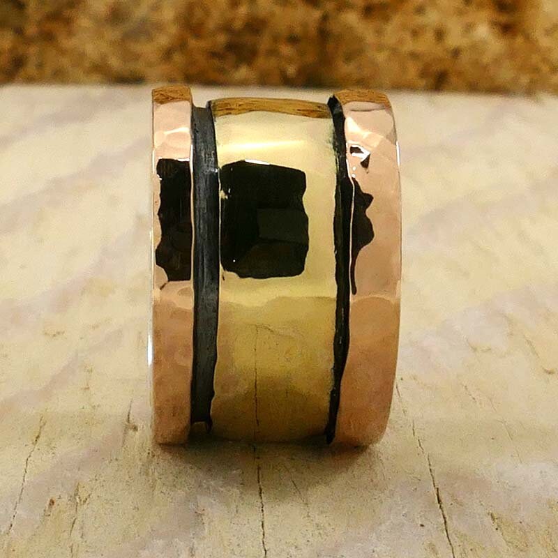 Handmade Mixed metal Spinner Ring Two Tone Solid 9 karat Yellow and Rose Gold And 925 Sterling Silver