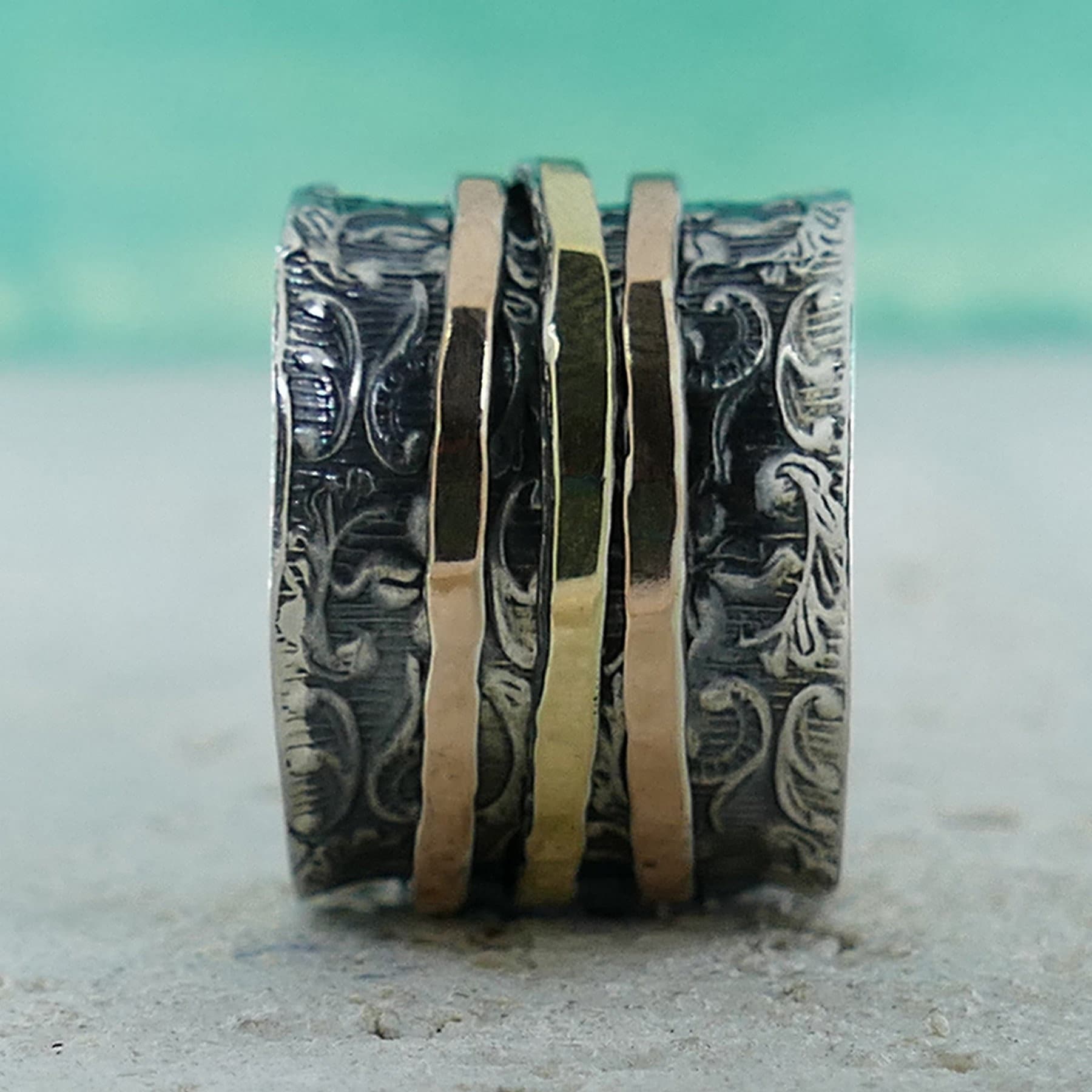 SPIRA Handcrafted Vintage Design Two Tone Solid 9k Yellow & Rose Gold And 925 Sterling Silver Spinner Ring, Two Tone Vintage Ring – 9k Gold & Silver Spinner