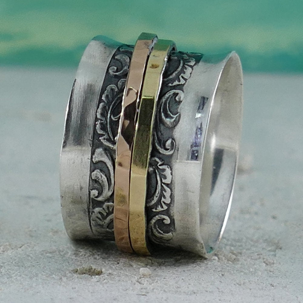 Spinner Ring Vintage Design Two Tone Solid 9k Yellow & Rose Gold And 925 Sterling Silver Weight gr.: 8.9 Width mm: 14 Country/Region of Manufacture: Israel Metal Purity: 9k Thickness mm: 2