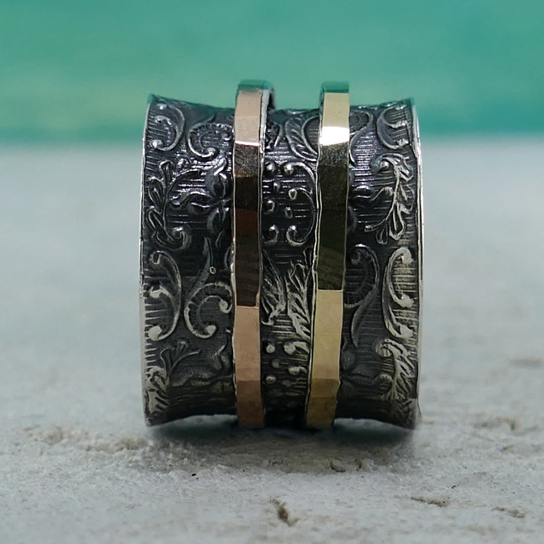 SPIRA Unique Handcrafted Vintage Design Two Tone Solid 9k Yellow & Rose Gold And 925 Sterling Silver Spinner Ring,Oxidized Silver worry ring
