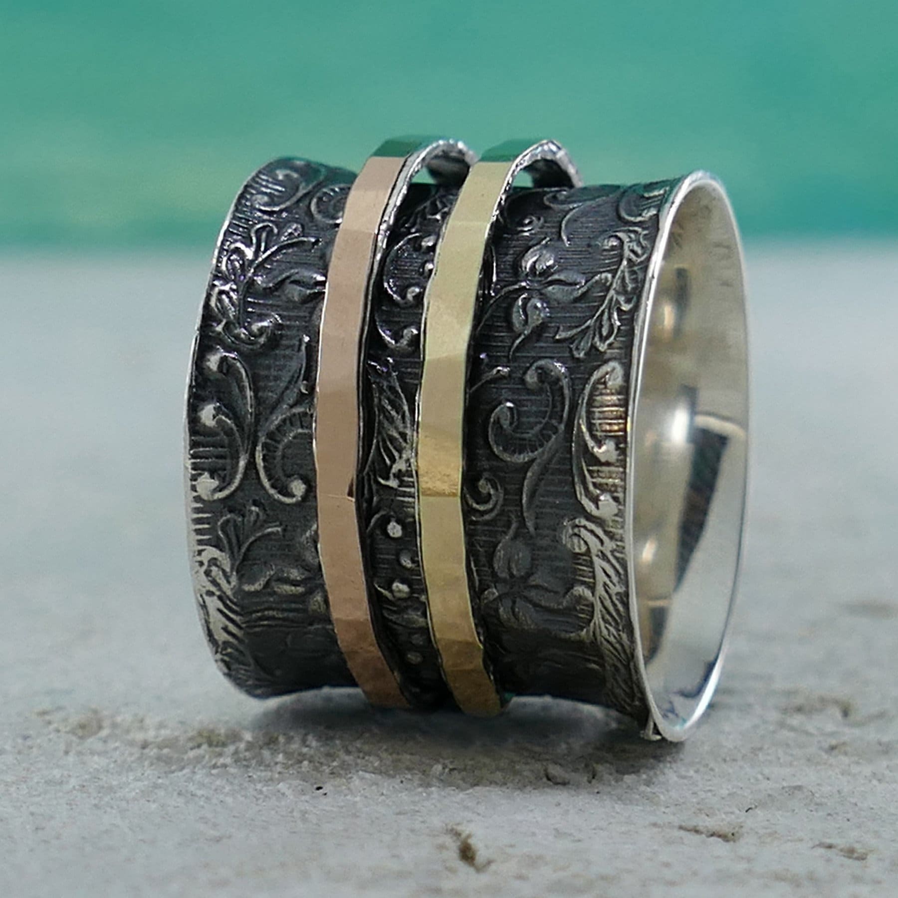 SPIRA Unique Handcrafted Vintage Design Two Tone Solid 9k Yellow & Rose Gold And 925 Sterling Silver Spinner Ring,Oxidized Silver worry ring