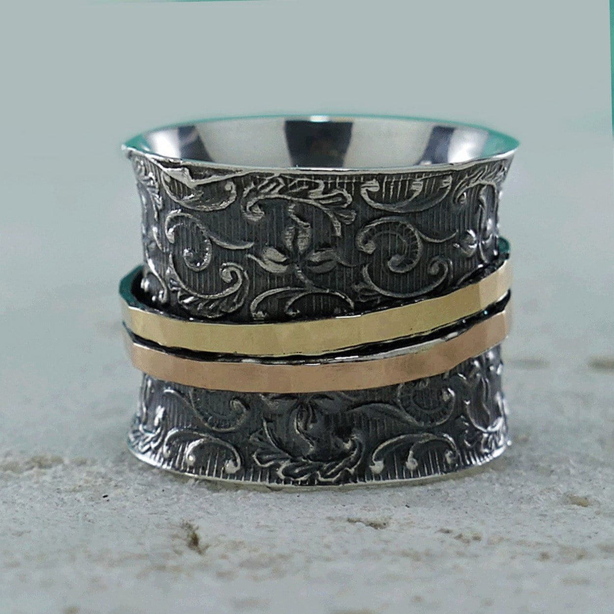 SPIRA Unique Handcrafted Vintage Design Two Tone Solid 9k Yellow & Rose Gold And 925 Sterling Silver Spinner Ring,Oxidized Silver worry ring