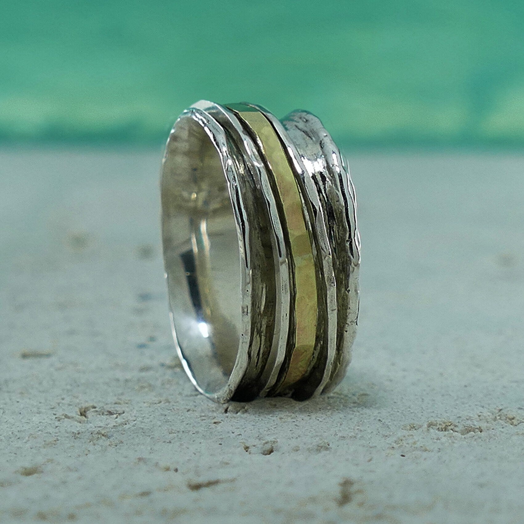 Mixed metal Ring Two Tone Solid 9k Yellow Gold & 925 Sterling Silver Spinner Ring Contemporary Design,Gypsy ring, Bohemian ring, Worry ring