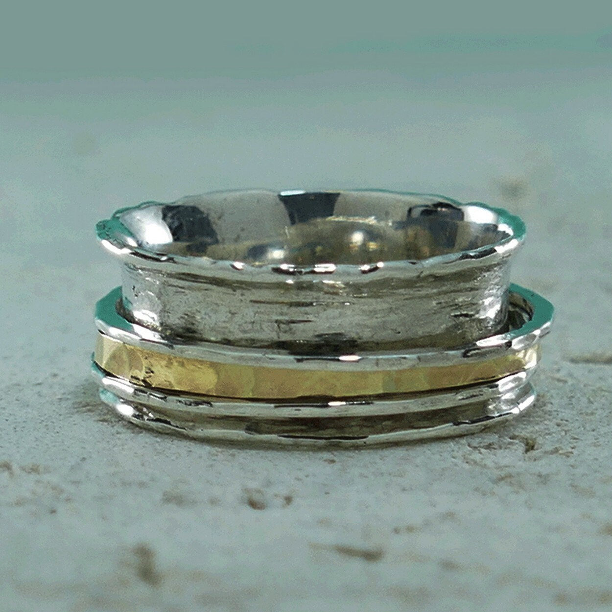 Mixed metal Ring Two Tone Solid 9k Yellow Gold & 925 Sterling Silver Spinner Ring Contemporary Design,Gypsy ring, Bohemian ring, Worry ring